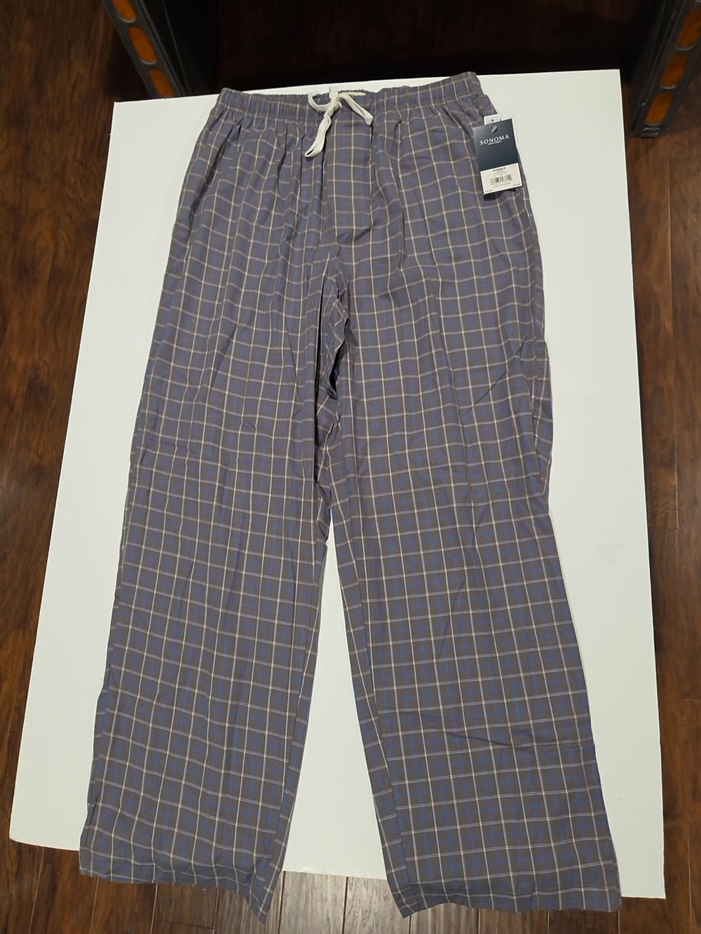 Sonoma Gray Blue Plaid Men's Lounge Pants with Drawstring